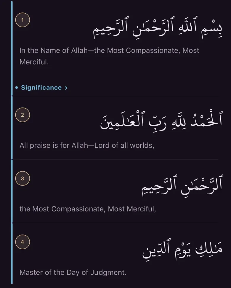 Al-Fatihah, āyah by āyah, each with its English translation.