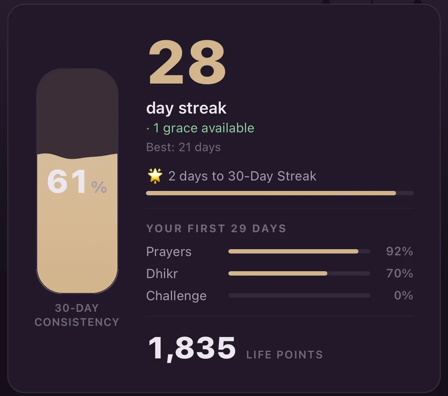 A 28-day streak beside a 30-day consistency gauge at 61 percent.