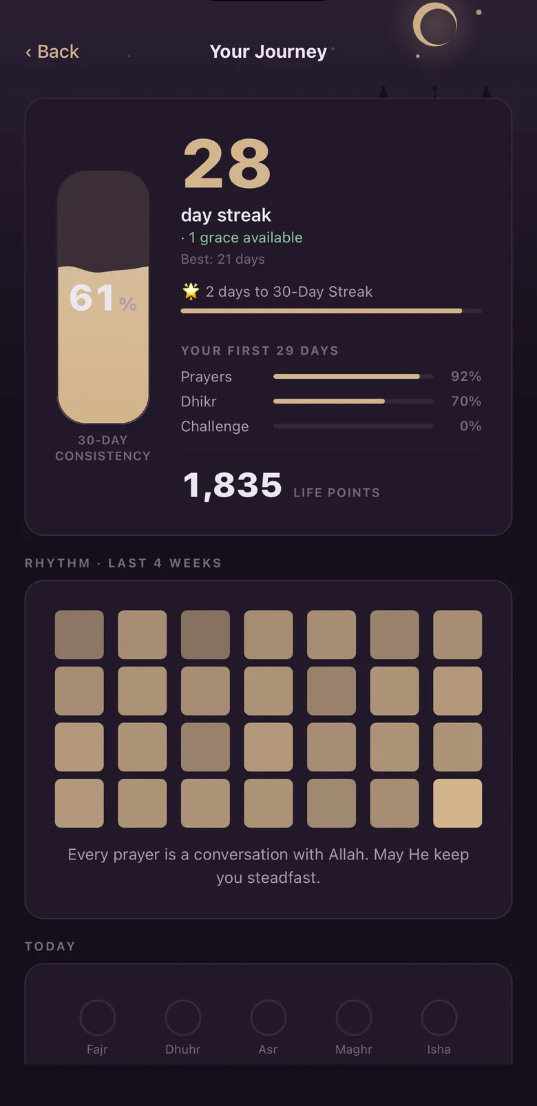 Your Journey: a 28-day streak, a 30-day consistency gauge at 61 percent, and four weeks of rhythm.