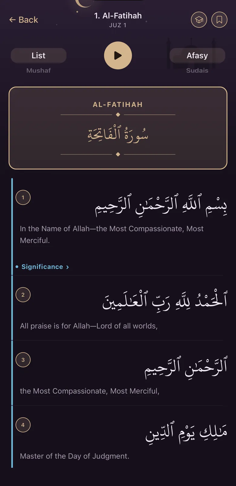 The Rahti Qur'an reader open at Al-Fatihah, each āyah with its English translation.